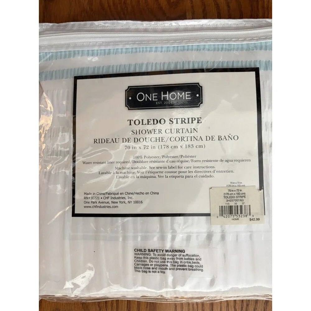 One Home Toledo Stripe Bathroom Shower Curtain 70”x72” White Gray Teal New
